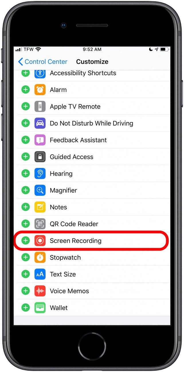 tap Screen Recording to enable function