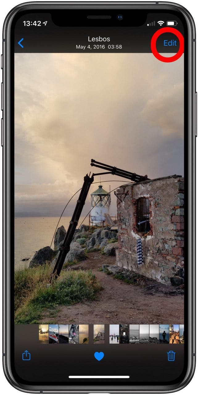 An image in the Photos app with the Edit option highlighted