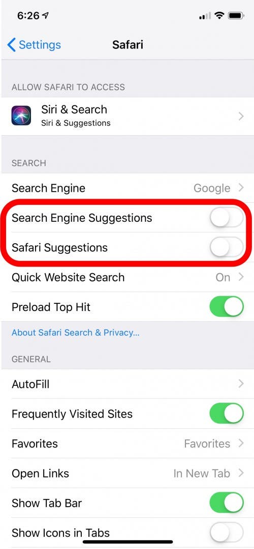 turn off safari search suggestions
