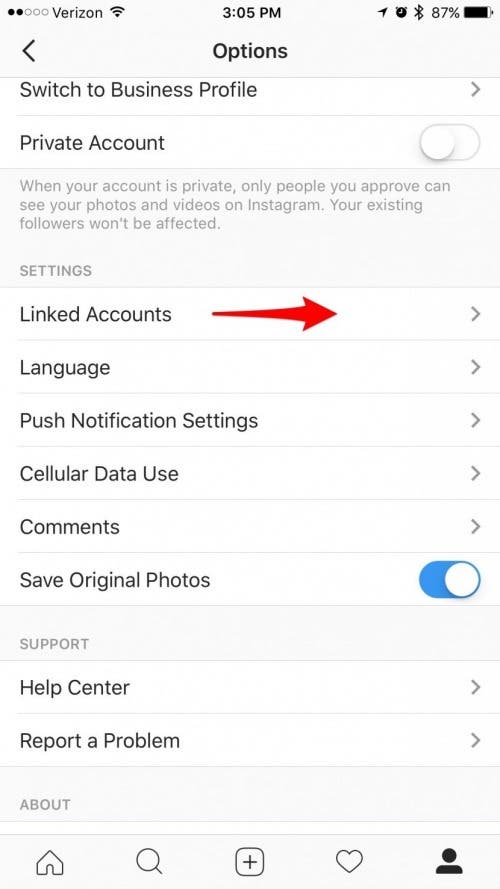 here you can link your facebook account to instagram - unable to follow friend on instagram